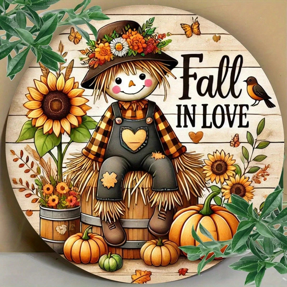 Rustic Fall Harvest Round wooden board Sign, 2D Pumpkin & Scarecrow Themed Decor, Wall, Home, Room, Garage, Garden, Cafe Decor