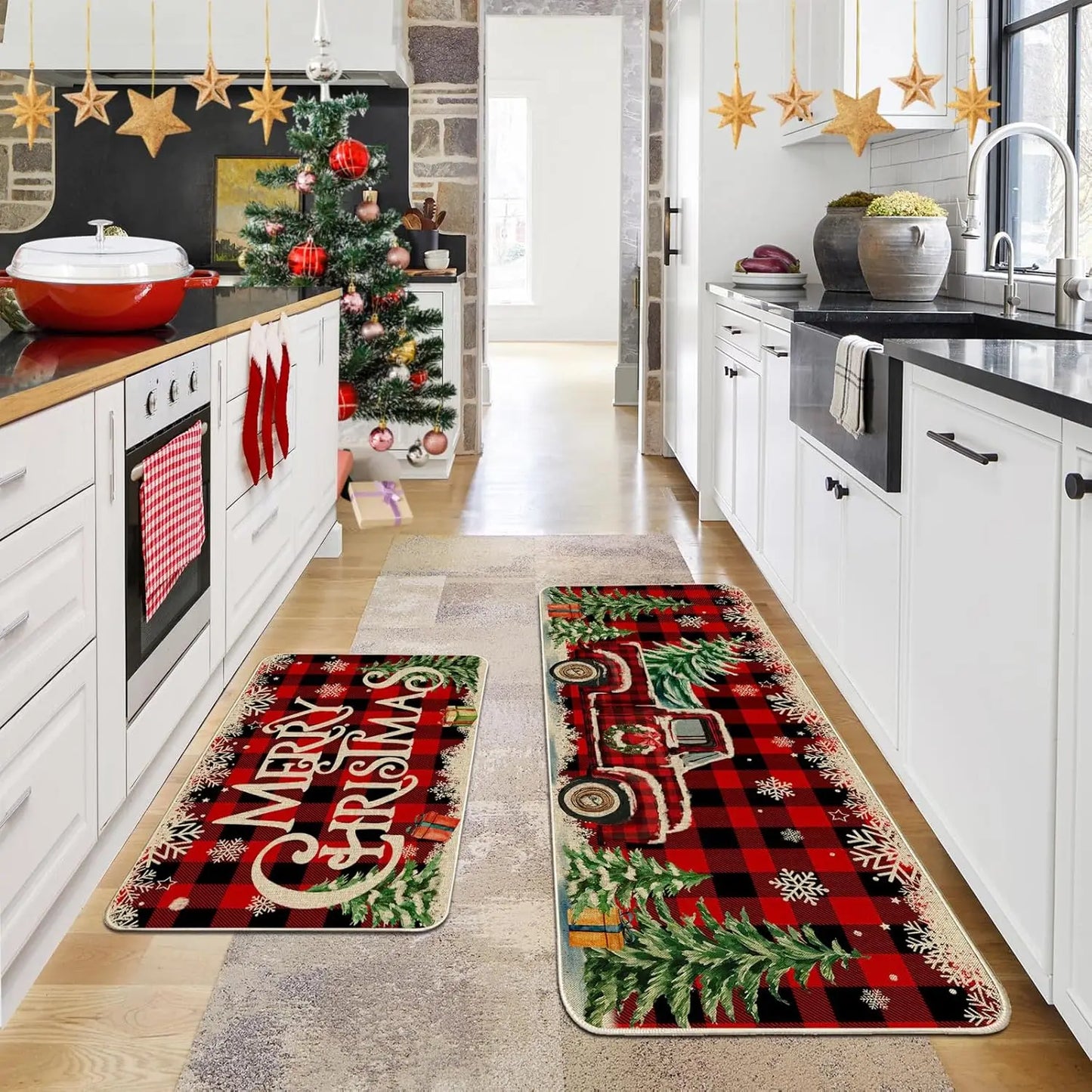 VIKAMA1/2PCS Lovely Christmas Gingerbread Man Crystal Velvet Kitchen Floor Mat Easy Care Floor Mat Entry Door Mat Home Decor