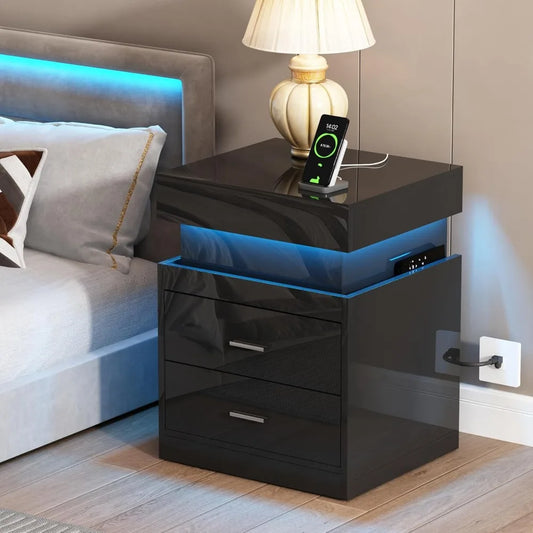 LED Nightstand with Charging Station,Smart Night Stand with Sliding Top Storage, 2-Drawers High Gloss Bedside Table, Modern End