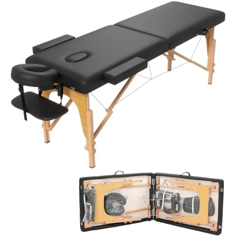 Massage Table, Portable 2 Section Foldable Tattoo Beds, Height Adjustable Light Weight Facial Salon Bed w/Face Cradle&Wood Frame