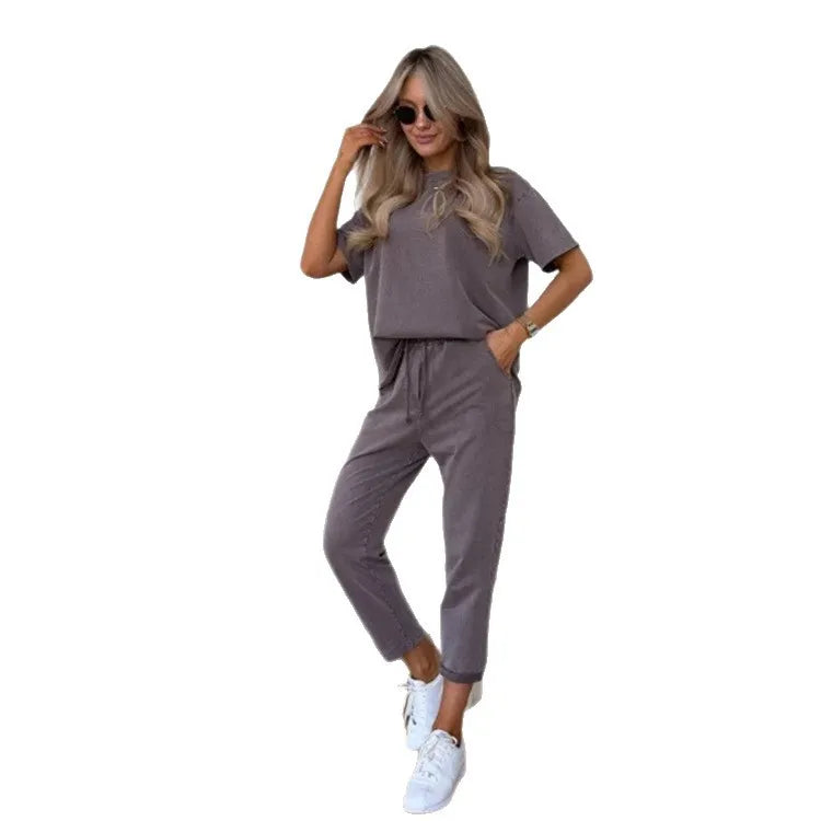 Casual Loose Sports Two Piece Set Women O-neck Short Sleeve Top Elastic Waist Lace Up Pants Sets Autumn Solid Fashion Outfit