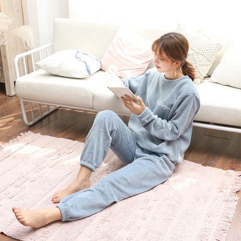 Warm Coral Fleece Pants Set Women's Loose Comfortable Home Wear Outerwear Versatile Lazy Girl Style Long Sleeve Cartoon Print