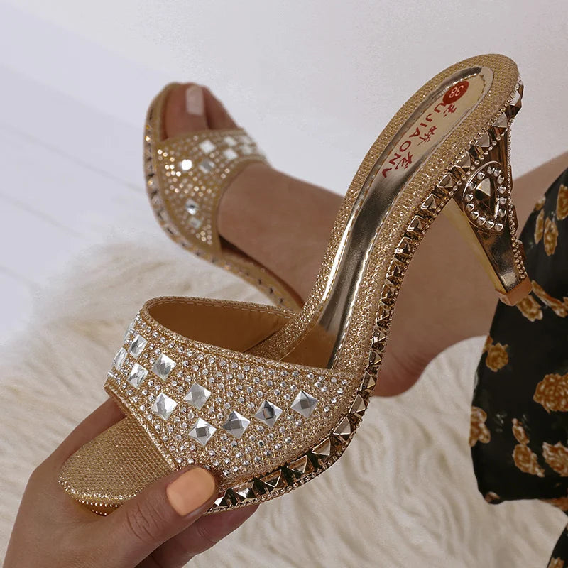 Gold Silver Women Slippers Heeled Sandals Sexy