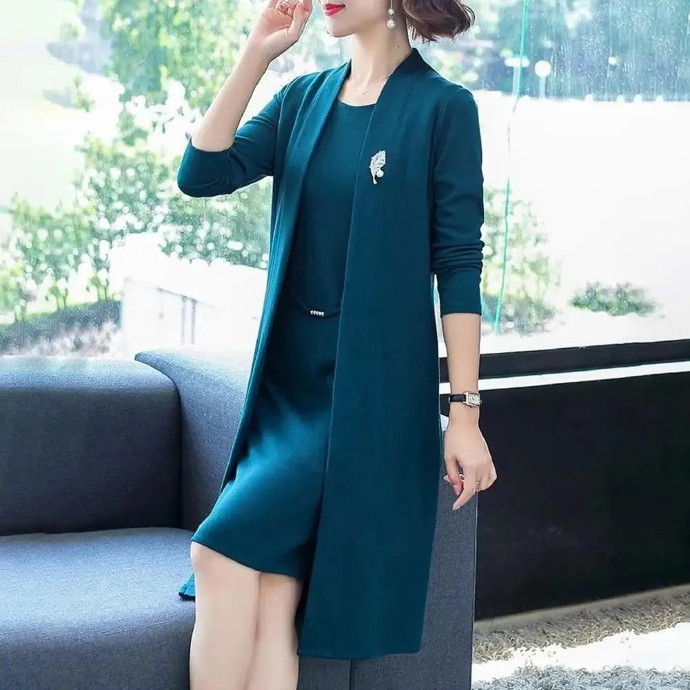 Women Dress Coat Suit Elegant Long Coat Dress Set Middle-age Women Formal Suit Set Long Cardigan O Neck Sleeveless Dress