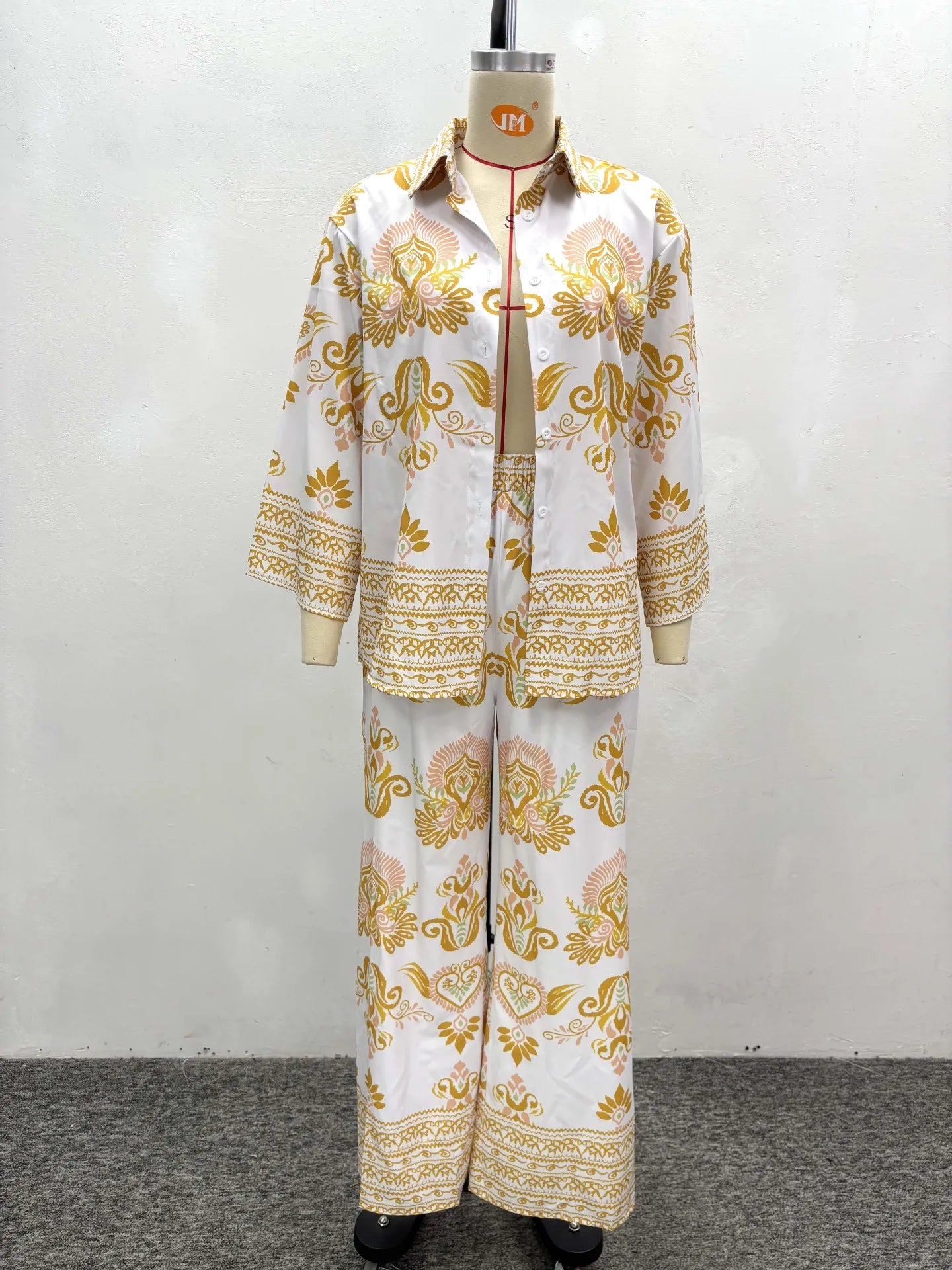 Women Two Pieces Pant Sets Printing Matching Sets Long Sleeves Button Turn Down Collar Top Elastic Waist Pants Loose 2025 Summer