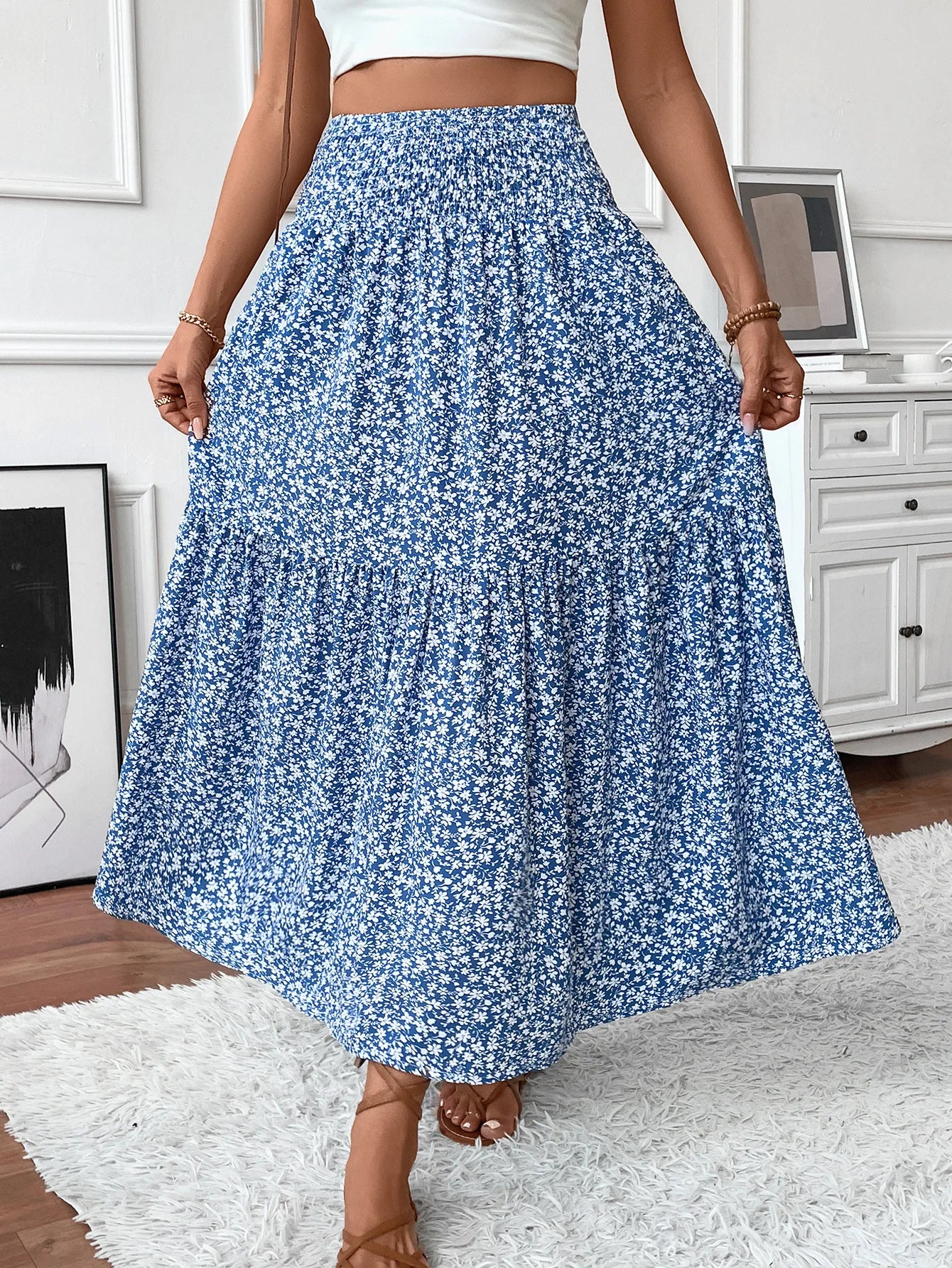 Women New Classic Printed Skirt Retro High Waist Long Skirt Casual Stylish Loose Beach Skirt Elegant Ladies Floral Pleated Skirt