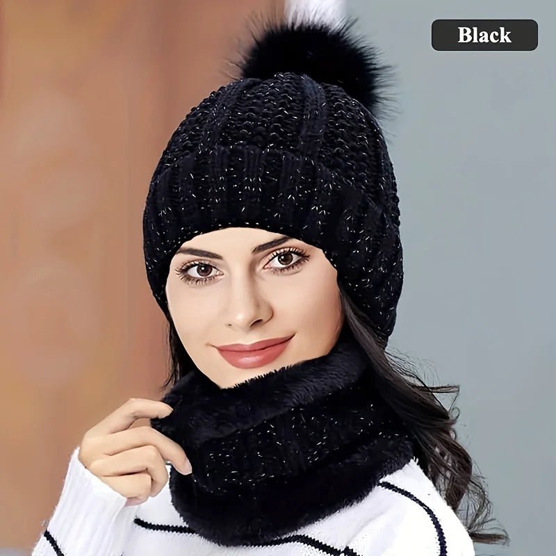 2-piece Winter Warm Windproof Thick Plush Windproof Warm Casual Hat with Scarf