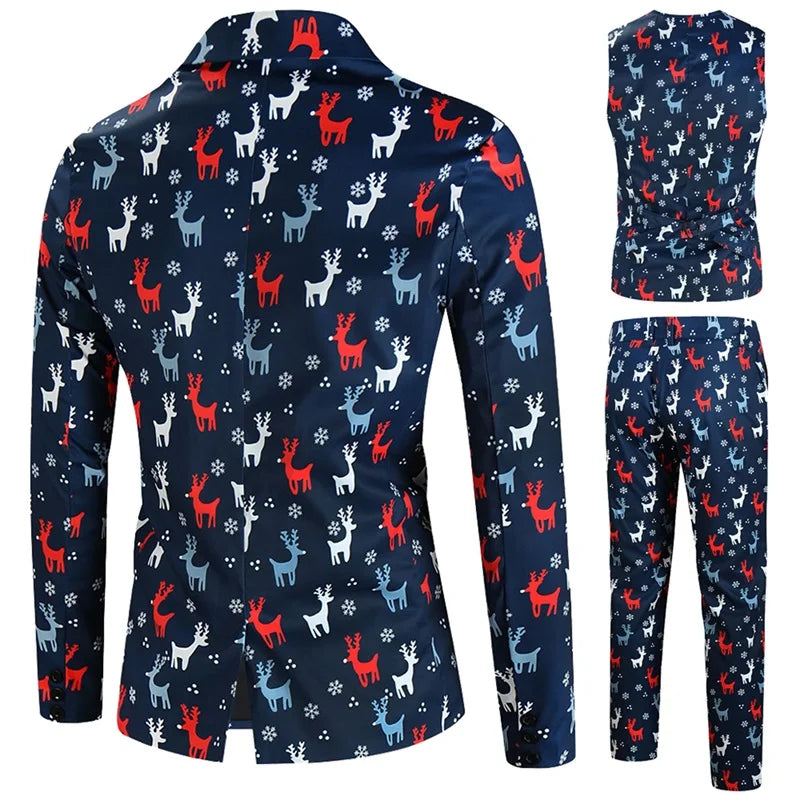 Men Christmas 3Pcs Suit Cartoon Print Long Sleeve Single Breasted Jacket with Vest Pants