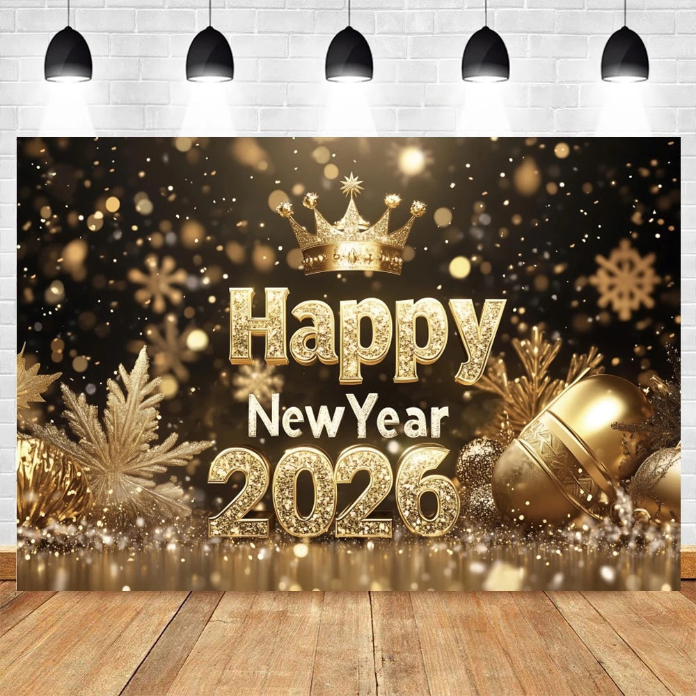Happy New Year 2026 Photography Backdrop Luxury Golden Glitter Balloon Crown Family Portrait Celebration Shoot Decor Backgrounds