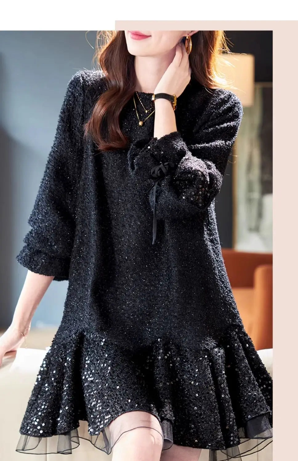 Autumn New Fashion Office Lady Mini Dress Elegant O-Neck Lantern Sleeve High Waist Sequined Lace Slim A-Line Party