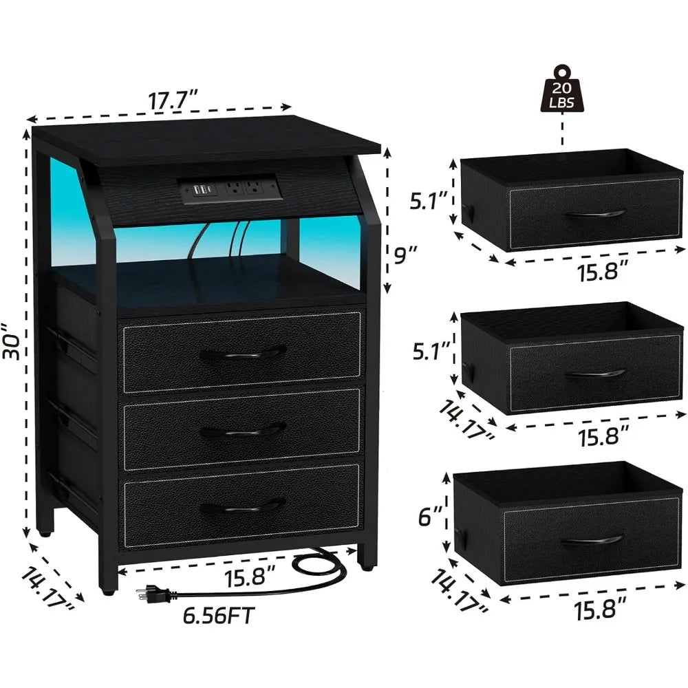 End Tables Set of 2, Nightstands with Charging Station and LED Lights, 3 Drawers Fabric Dressers, Storage Side Tables for Bedsid