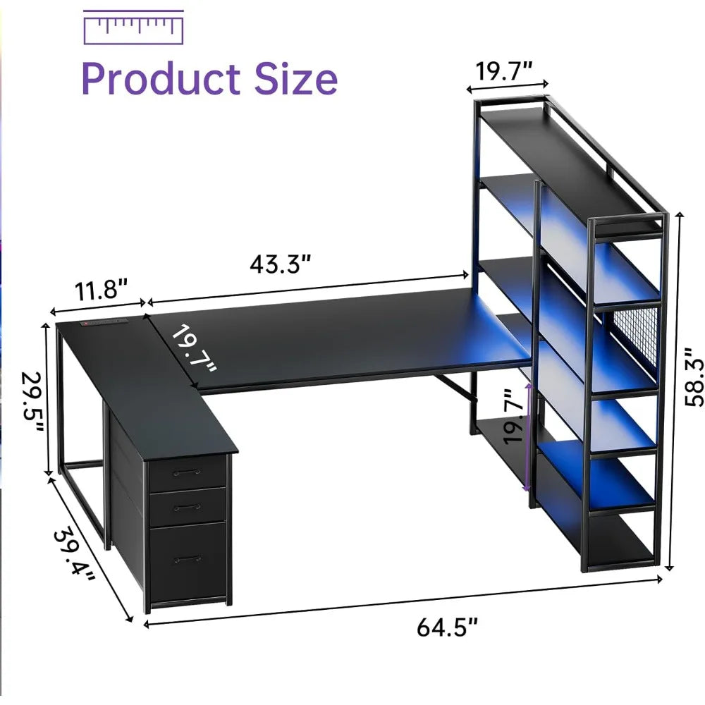 L Shaped Desk with Drawers,64.5" U Shaped Corner Computer Desk with Shelves,Storage,Large Gaming Desk with LED Lights,File Cabin