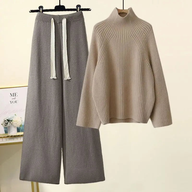 Plus Size Autumn Winter Women's Set New Lazy Style Sweater And Slimming Casual Pants Two Piece Set Trendy Elastic Knitted Fabric