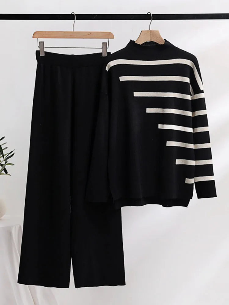 Loose Knitwear 2 Pieces Sets Women Striped Long Sleeve Knit Pullover Tops Conjuntos Korean High Waist Wide Leg Pants Tracksuit