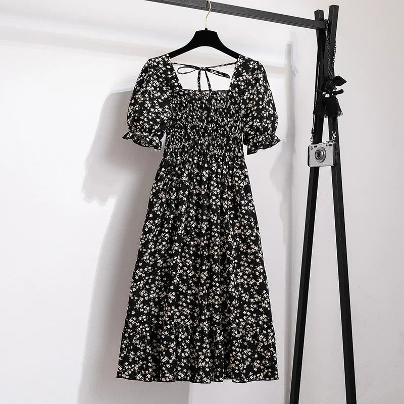 Spring Summer Chiffon Dresses Fashion Female Elastic Waist Short Sleeve Pleated Casual Dress Women A-line Dresses