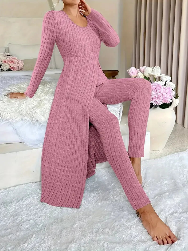 Autumn Casual Solid Set For Women Fashion O Neck Long Tops+High Waist Slim Pants 2 Piece Sets Lady Holiday Women's Clothing New
