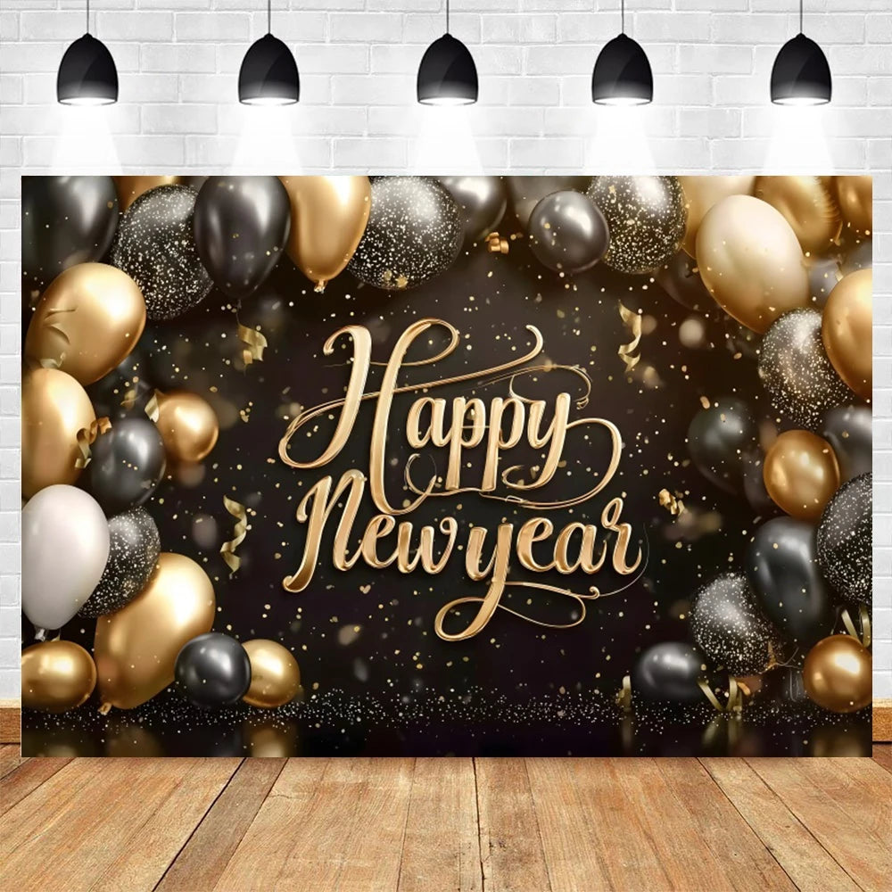 Happy New Year 2026 Photography Backdrop Luxury Golden Glitter Balloon Crown Family Portrait Celebration Shoot Decor Backgrounds
