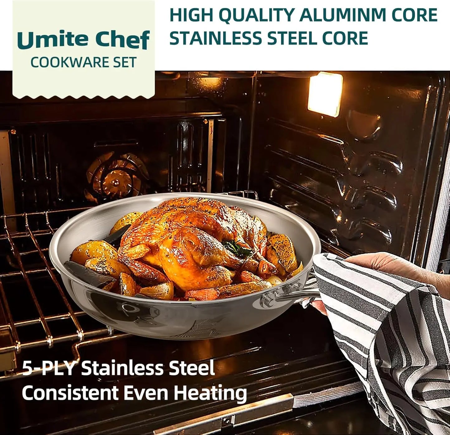 Stainless Steel Cookware Set, 5 Ply 14 Piece Stainless Steel Pot and Pan Set-Induction, Heavy Chef Quality, Oven Safe | Professi