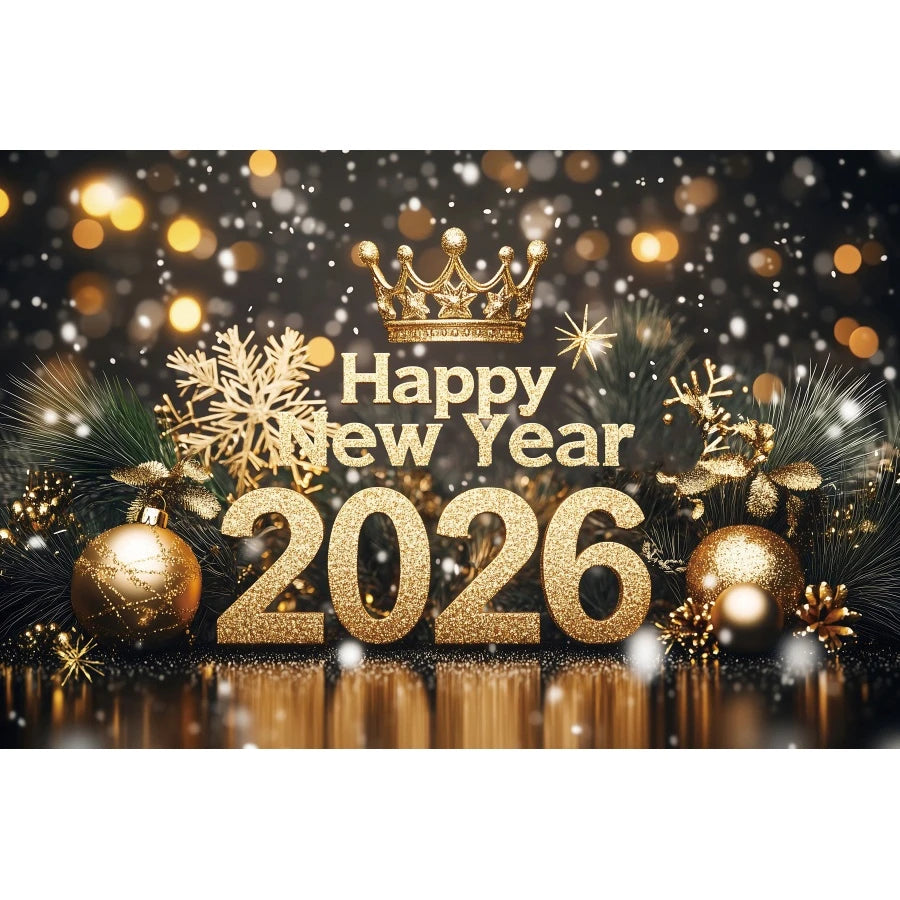 Happy New Year 2026 Photography Backdrop Luxury Golden Glitter Balloon Crown Family Portrait Celebration Shoot Decor Backgrounds