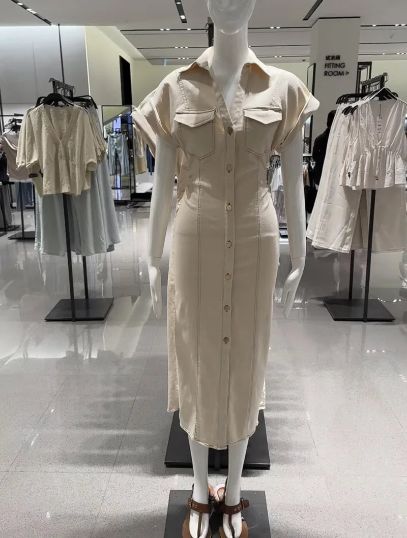 denim MIDI dress with lapel side zipper fashion wrinkle waist slim elegant dress
