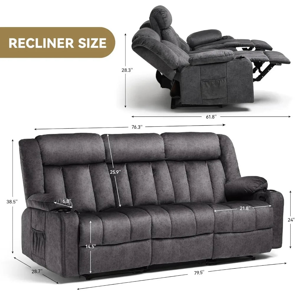 Manual Recliner Chair Set，Fabric Reclining Sofa Chair with Cup Holders, Upholstered Recliner with Side Pockets Suitable for Liv