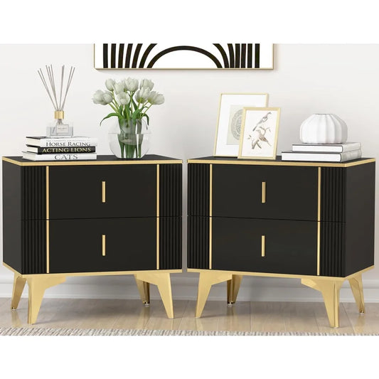 Nightstands Set of 2, Wood Bedside Table with 2 Drawers, End Table with Striped Surface Metal Handle Legs