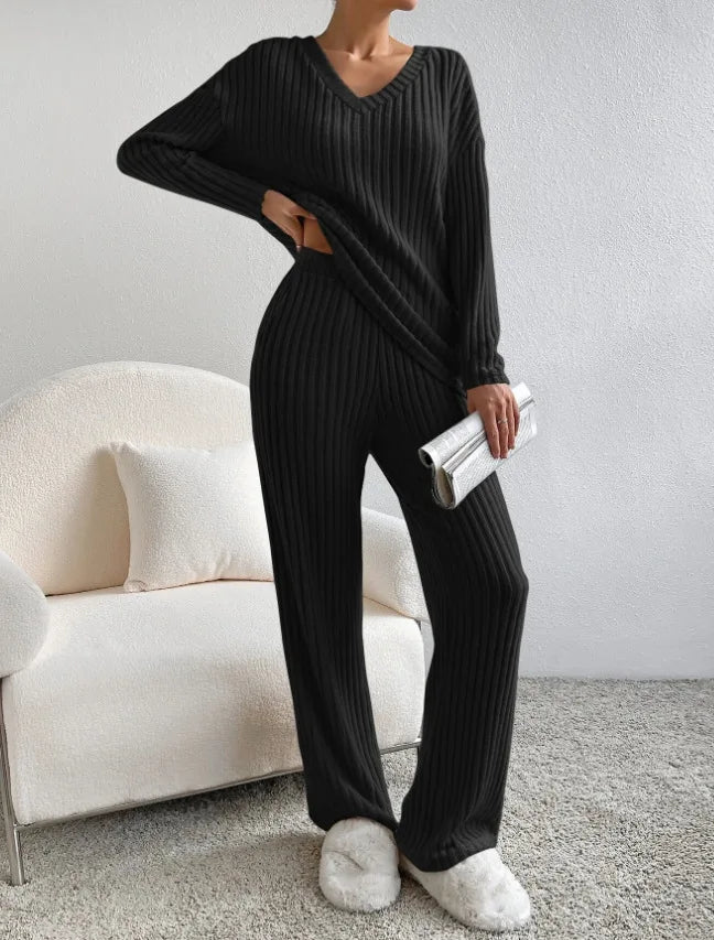 Solid Color Casual Loose Knitting Sets For Women Elegant Autumn Women's Two Pieces Suit Full Trouser Set Female Outfit Clothes