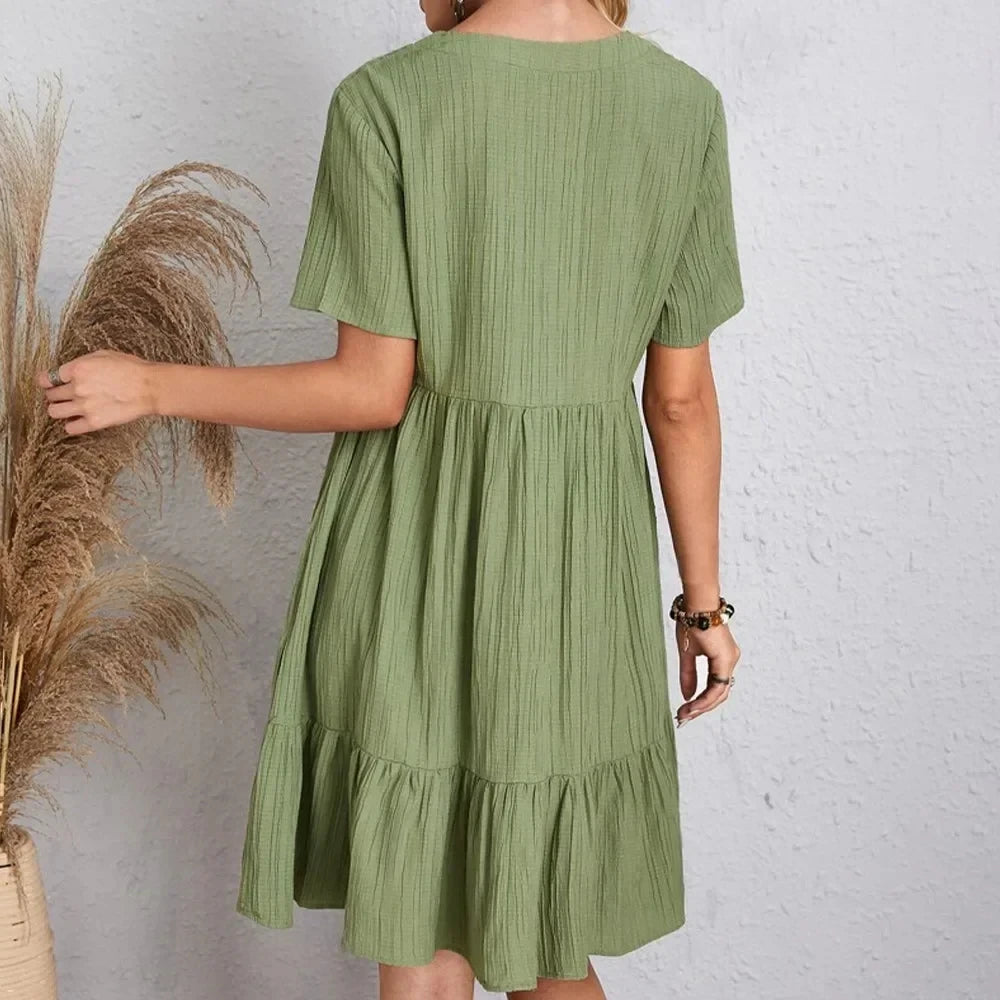 Women  Peplum Dresses Spring V-Neck Short Sleeve Loose Waist Ruffle Fit Flare Vocation Dresses
