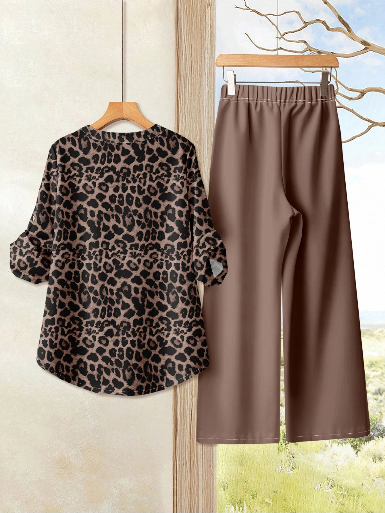 V Neck Button Elegant Loose Office Party 2 Pieces Set For Woman