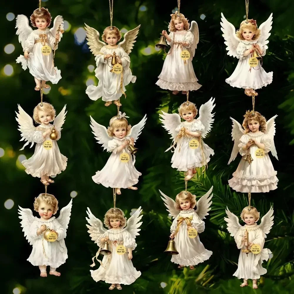 Christmas Retro Angel Girl Wooden Flat Pendants Xmas Tree Hanging Ornaments