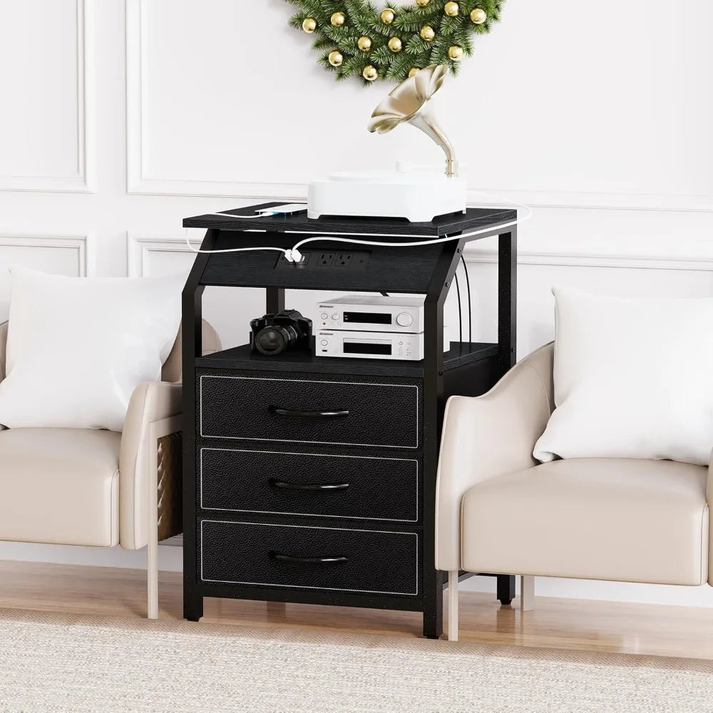 End Tables Set of 2, Nightstands with Charging Station and LED Lights, 3 Drawers Fabric Dressers, Storage Side Tables for Bedsid