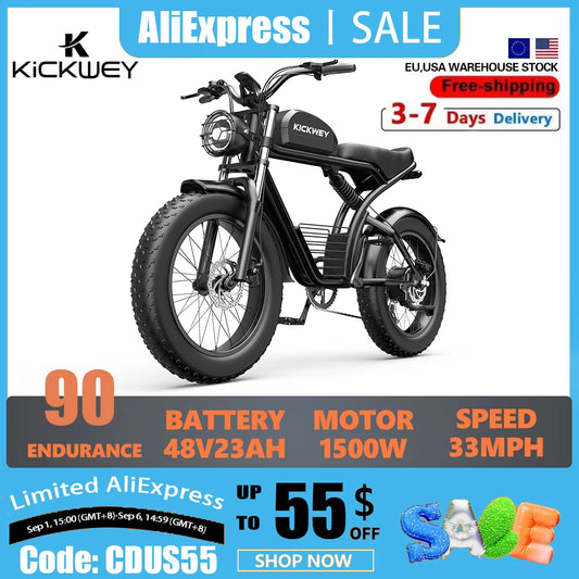 Kickwey K7 Adult Electric Bicycle 1500w 48V 23ah Mountain Electric Bike 20 Inch Fat Tire Outdoor Entertainment Off Road E Bike