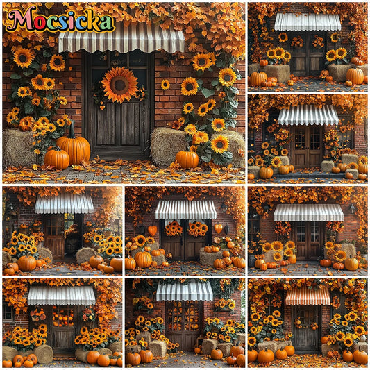 Mocsicka Autumn Photography Background Fall Pumpkin Party Harvest Yellow Leaf Sunflower Door Decorations Birthday Photo Backdrop