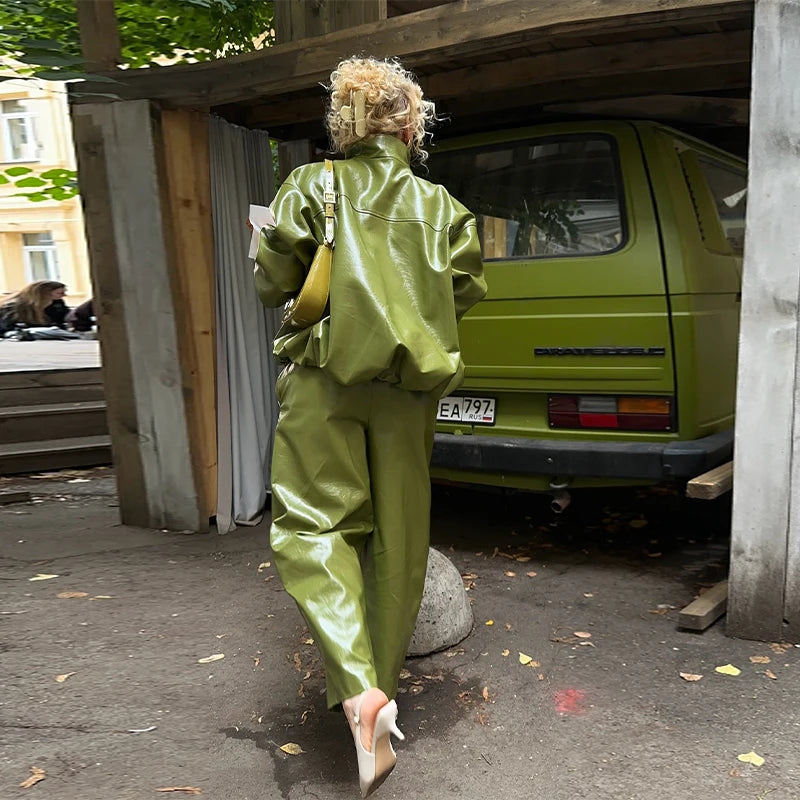 Street Green Leather Jacket Skirt Sets Women Stand Collar Zipper Pleated Coat Spliced Long Skirts Outfits