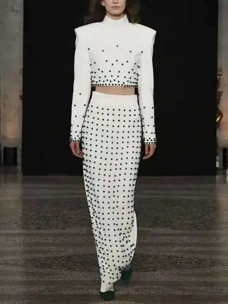 [Women's Beaded Design 2 Pcs Set Stand Collar High Waist Long Sleeve Sets Female Autumn