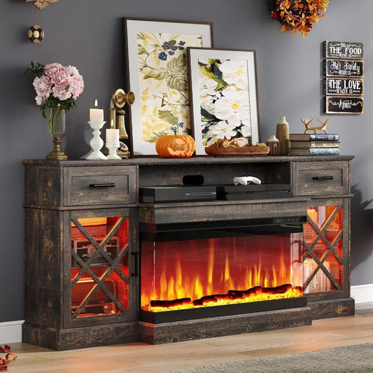 Farmhouse LED Fireplace TV Stand with 3-Sided Glass Fireplace, 70" Large Entertainment Center for TVs up to 80", Rustic TV Cons