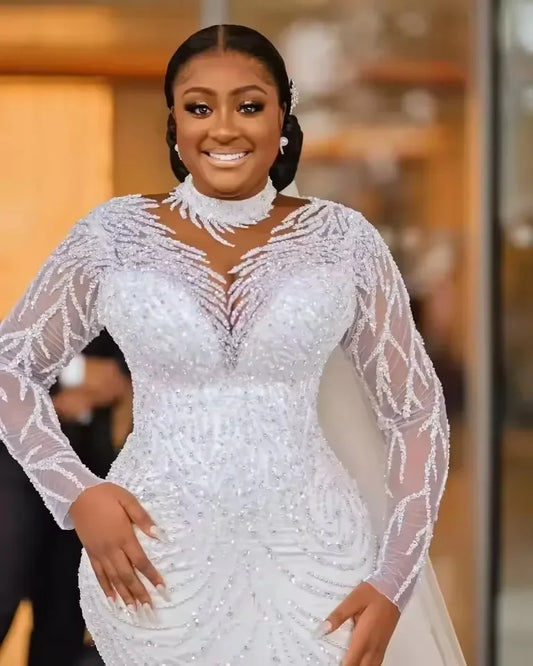 Customized Luxury Beaded Mermaid Wedding Dresses High Neck Long Sleeves Sweep Train Plus Size Bridal Gowns