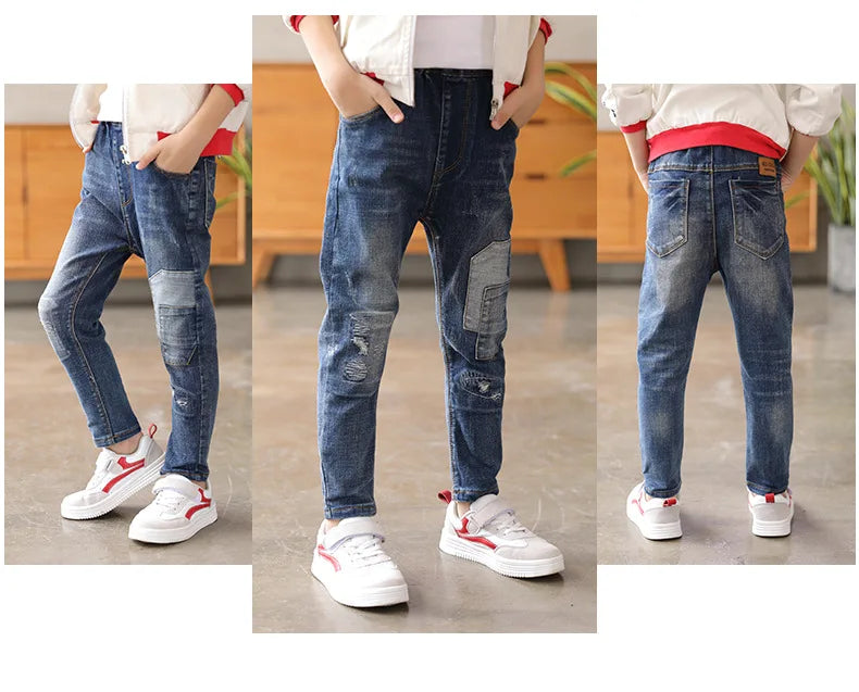 3-14yrs Kids Blue Patchwork Jeans for Fashion boys 4 5 6 7 8 10 12 14 Years Old