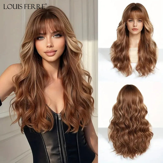 LOUIS FERRE Brown Blonde Highlights Wigs For Women Daily Long Wavy Curly Synthetic Wigs Natural Heat Resistant Hair With Bangs