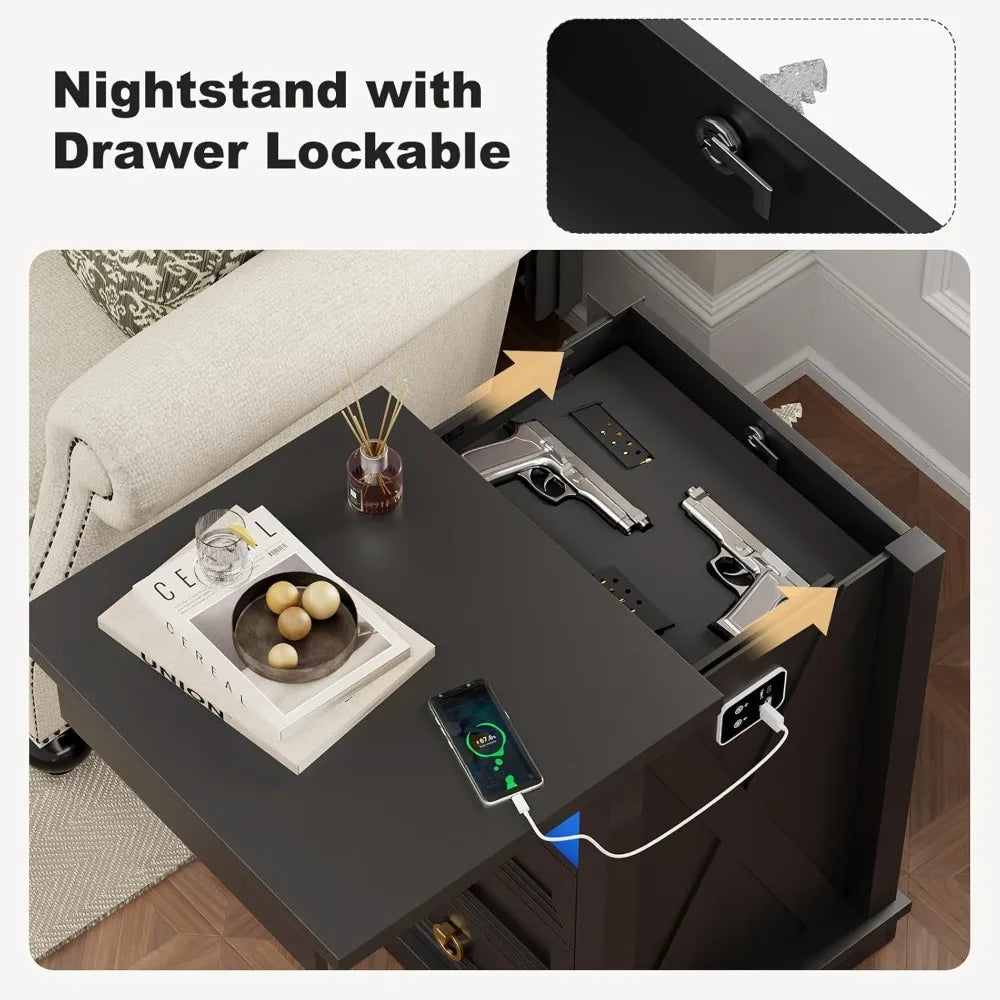 Farmhouse Nightstand Set 2 with Gun Drawer,Bedside Table with Charging Station and Human Body Senor,3 LED Lights Night Stand