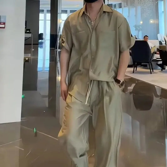Shirts Pants Suits for Men No Logo Khaki Slim Fit Korean Two Piece Set Cool Style 2025 Trends Costumes Loose Man Trousers Sets