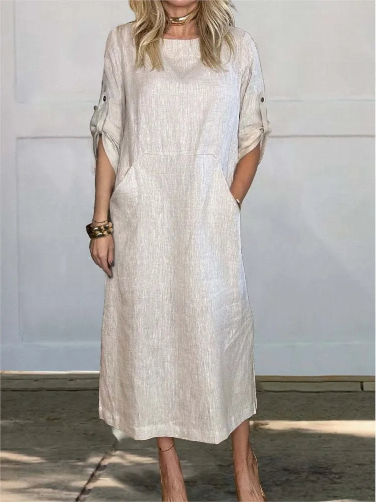 New Women's Clothing  Loose Casual Solid Color Short Sleeved Cotton Linen Fashionable Button With Pocket Dress