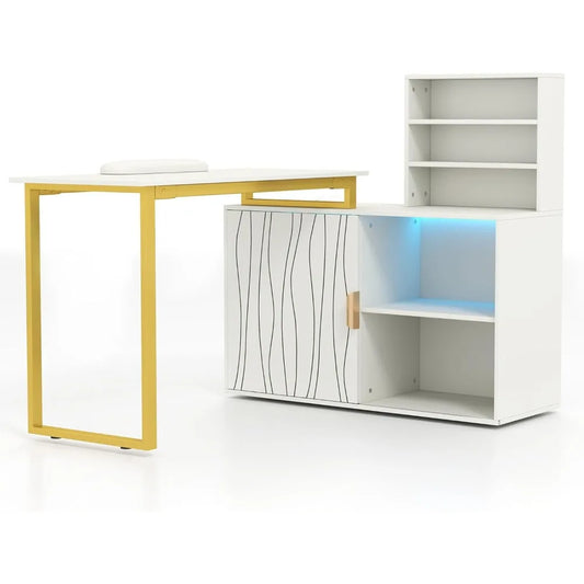 Nail Table, Manicure Table, Nail Station, Open Shelves, Remote Control LED Light, Sliding Door Cabinet, Salon Equipment,AC Outl