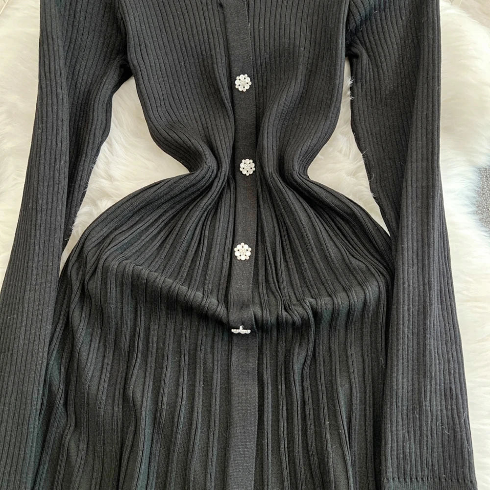 YuooMuoo Autumn Winter Women Knitted Long Dress Brand Fashion V-neck Slim Waist Pleated Sweater Dress Lady Office