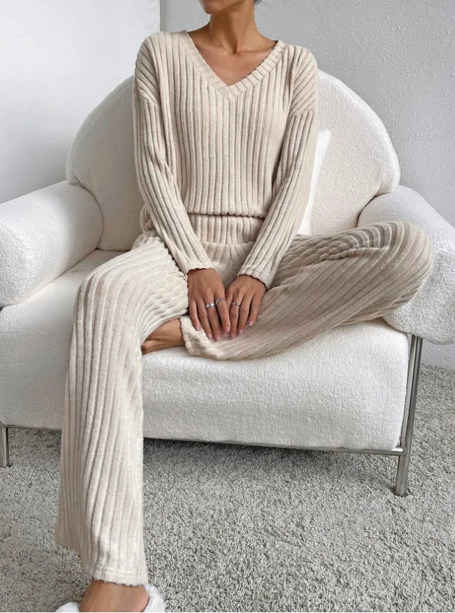 Solid Color Casual Loose Knitting Sets For Women Elegant Autumn Women's Two Pieces Suit Full Trouser Set Female Outfit Clothes