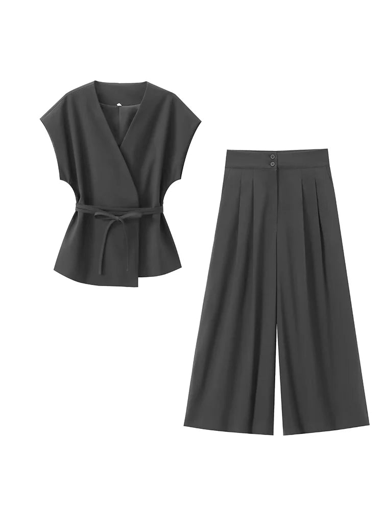 TFMLN Fashion Women's Trouser Suits Sleeveless V-Neck Top With Belt Straight Pants Sets.