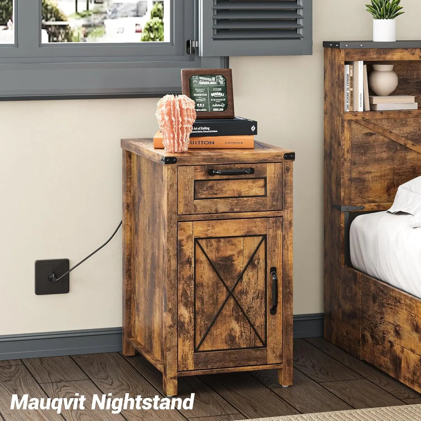 Vabches Nightstand with Drawer&Storage Cabinet Farmhouse Night Stand with Power Outlet Wood End Table Bedside Table for Bedroom