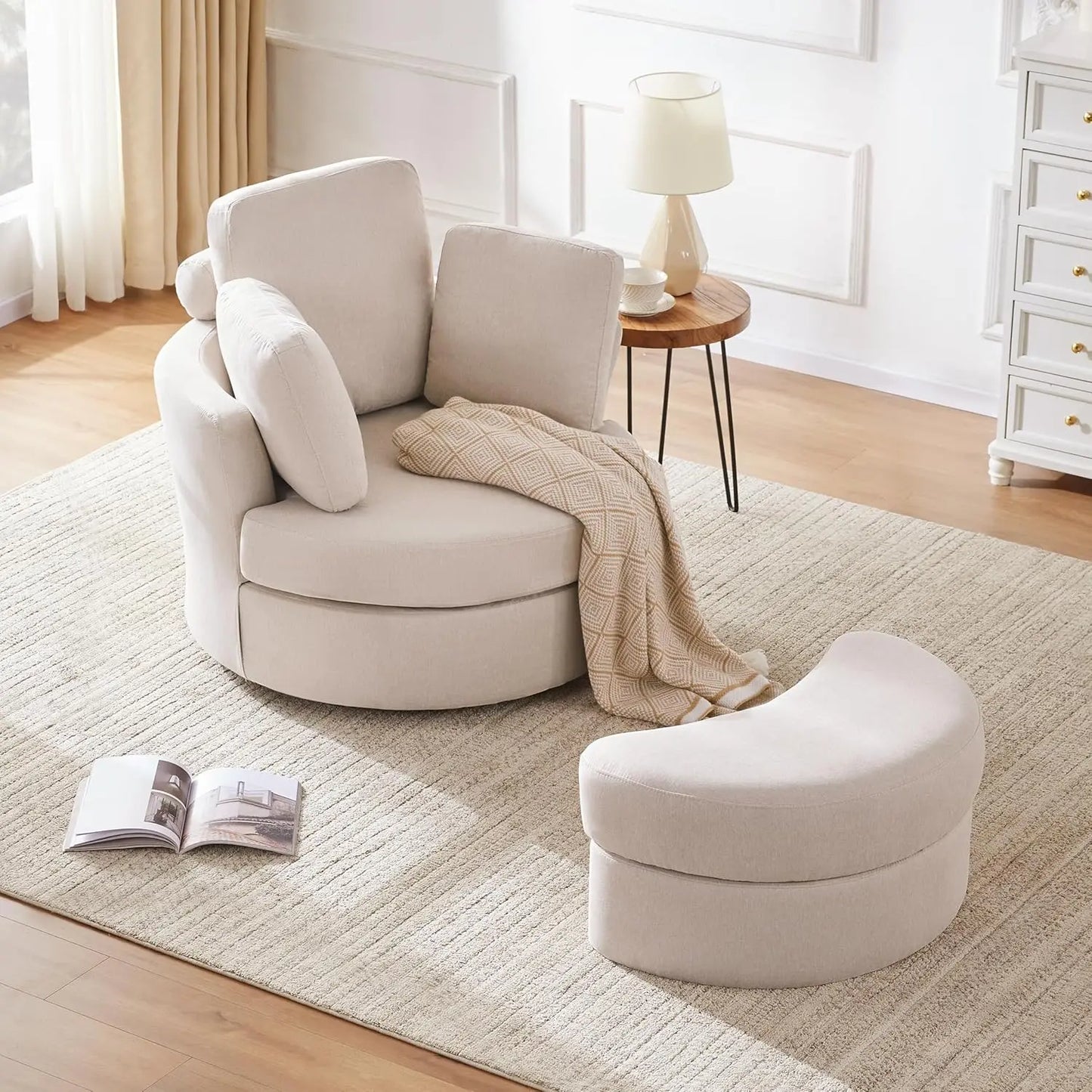 Swivel Accent Barrel Chairs with Removable Headrest, Chaise Lounge Indoor with Neck Support Pillow,Swivel Chairs for Living Room