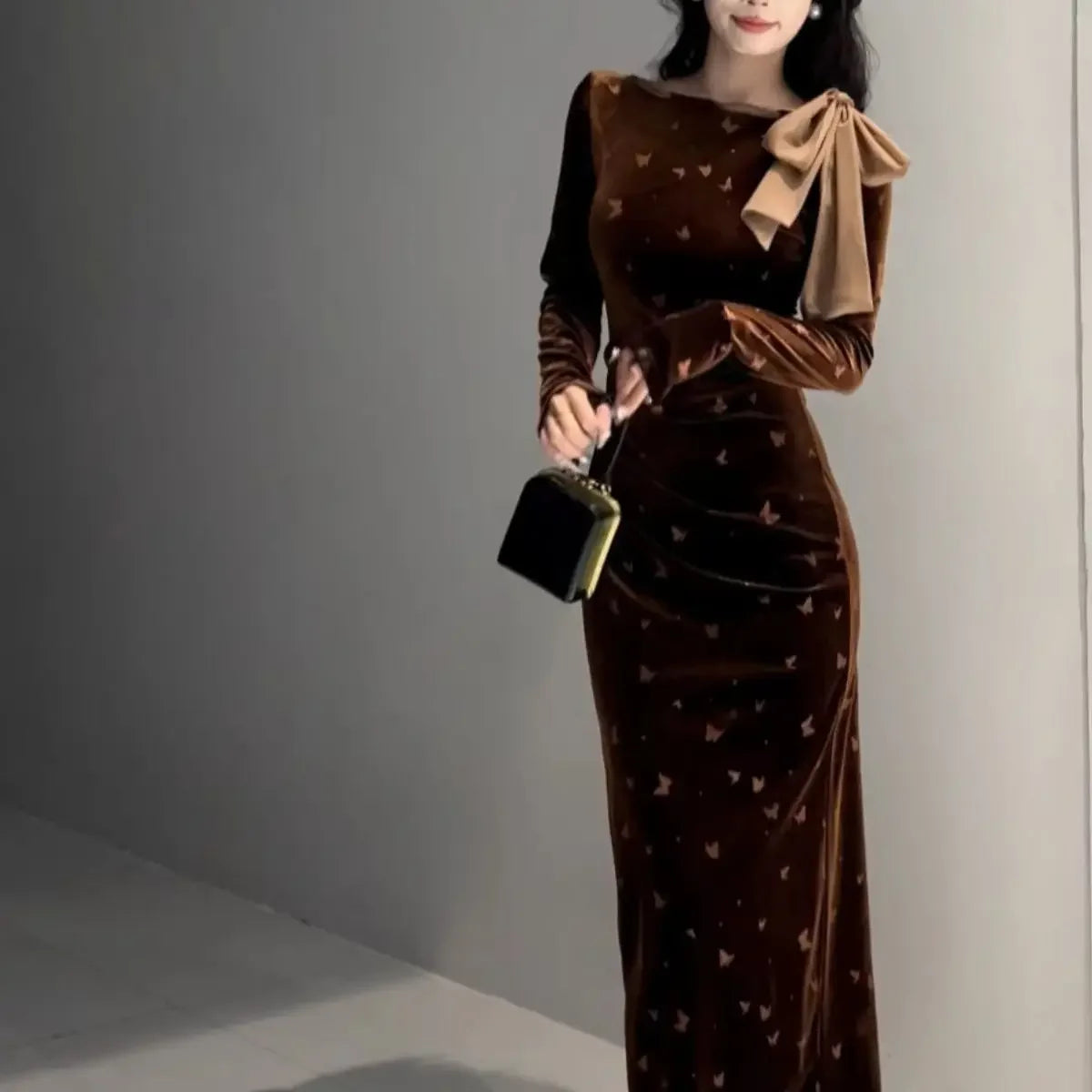 New Autumn Winter Long-sleeved Streamer Printed Floss Dress
