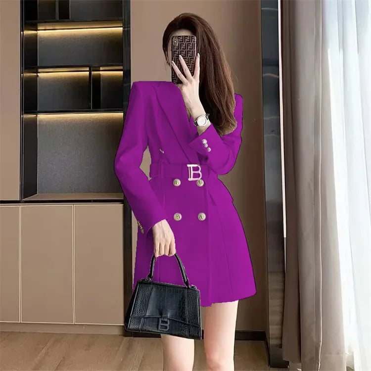 French Elegant Long Sleeve Suit Dress Waist-Cinching Short Size Professional Double-Buttoned Belted Coat